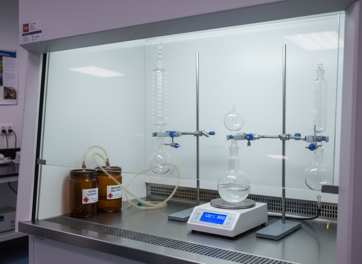 A detailed, photographic realism shot of a clean fume hood interior, sash partially lowered, containing an arrangement of glass reaction vessels, clamp stands, and a digital hotplate stirrer with a bright control interface. Chemical-resistant tubing and labeled waste containers are neatly organized to one side, emphasizing safety. The hood’s stainless-steel work surface and white side panels appear immaculate. Overhead hood lighting combines with cool ambient lab light to create an evenly lit, low-shadow environment with subtle reflections on glassware. Shot from a slightly elevated, centered viewpoint with moderate depth of field, the surrounding lab is softly blurred, focusing attention on the controlled workspace. The atmosphere is precise, safe, and compliant, ideal for showcasing specialized lab equipment offerings and safety-focused solutions.