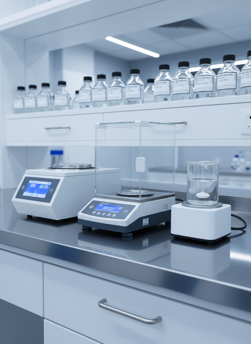A spotless stainless steel laboratory benchtop displaying a carefully arranged selection of high-end lab equipment: a digital benchtop centrifuge with a clear LCD display, a precision analytical balance with a glass draft shield, and a compact magnetic stirrer with a beaker of clear solution. The background reveals a blurred row of pristine white cabinets and neatly labeled reagent bottles. Cool, diffused overhead LED lighting reflects softly off the metal and glass surfaces, creating crisp highlights and minimal shadows. Photographed at eye level with a slight diagonal angle, in sharp focus, the composition feels clean, modern, and highly professional, perfectly suited to a lab equipment supplier’s homepage hero image in realistic photographic style.