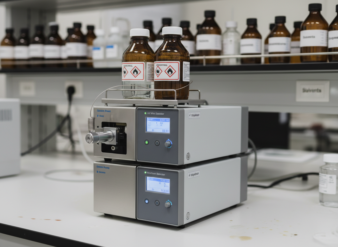 A compact benchtop chromatography setup in photographic realism featuring a sleek HPLC system with stacked modules—pump, autosampler, detector—each with small illuminated LED indicators and a crisp digital display. A coiled stainless steel capillary line connects to a neatly labeled column, while amber glass mobile phase bottles sit on a tray above, their hazard labels clearly visible. The system rests on a pale, matte lab bench, with blurred shelves of solvents and standards in the background. Neutral, diffused overhead lighting casts soft, controlled reflections on the metal and glass, maintaining a clean, clinical aesthetic. Captured from a three-quarter angle at eye level, the scene feels specialized, precise, and tailored to analytical laboratories seeking high-performance equipment.