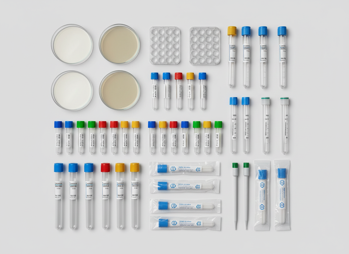 A photographic realism overhead shot of a carefully arranged array of lab consumables on a seamless light gray background: sterile Petri dishes, multiwell plates, cryovials with colored caps, plastic conical tubes, and disposable pipettes. Each item is spaced with meticulous precision, labels clearly legible, forming a visually pleasing grid that suggests inventory completeness. Soft, even studio lighting from above eliminates harsh shadows and emphasizes the smooth plastics and subtle textures of molded surfaces. The composition is minimalist and highly organized, with sharp focus across the entire frame, conveying efficiency, scalability, and readiness for bulk orders or quick quote requests within a professional lab supply context.