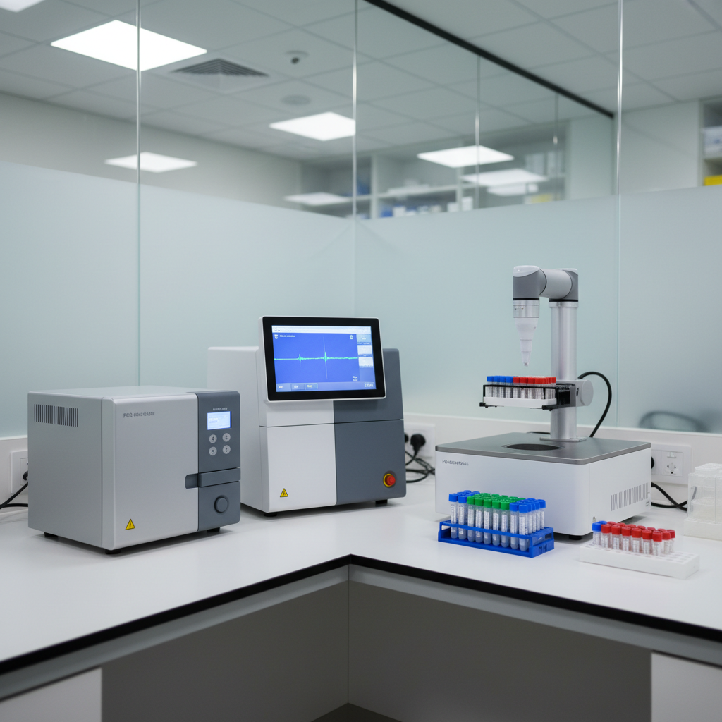 A meticulously organized clinical benchtop automation corner featuring a compact PCR thermal cycler, a real-time PCR instrument with a large, illuminated touchscreen, and an automated pipetting workstation, all arranged on a matte white counter. Color-coded microplate racks and sealed reaction tubes sit in front, aligned with precision. The environment is a bright, contemporary lab with frosted glass partitions and faintly blurred shelves in the background. Neutral, soft overhead LED lighting creates clear visibility of every button, port, and surface, with subtle reflections on the instrument casings. Captured at eye level with a balanced, rule-of-thirds composition in realistic photographic style, the mood is cutting-edge, efficient, and highly professional, perfect for highlighting molecular biology solutions.