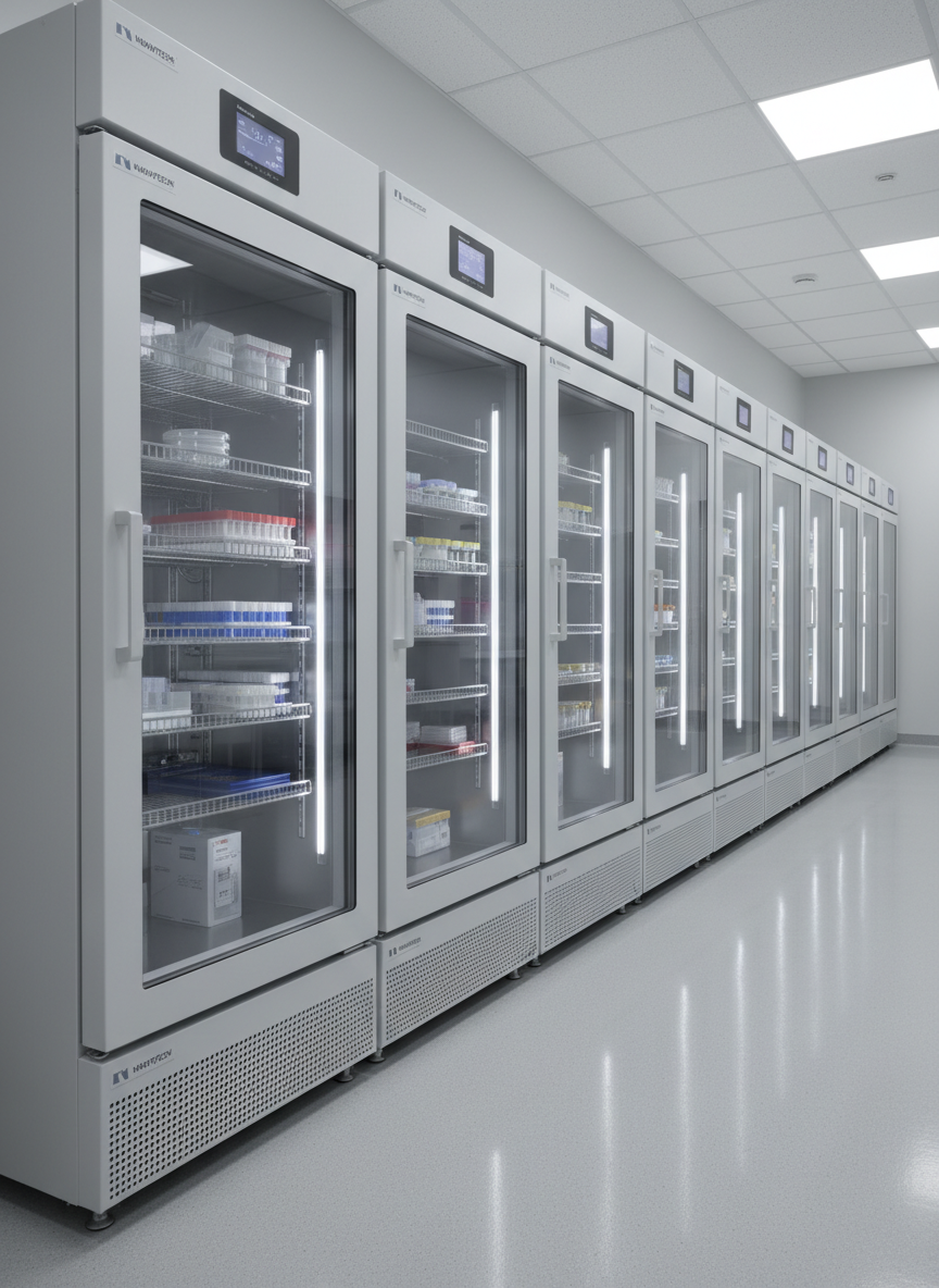 A row of advanced programmable laboratory incubators and refrigerators with glass-front doors, their digital temperature displays glowing a soft blue against a matte white and light gray lab wall. Inside, neatly arranged racks of sample containers and culture plates are partially visible through the glass. The floor is a polished light epoxy, subtly reflecting the equipment bases. Bright, diffused overhead lighting ensures every edge and control panel is clearly visible, with minimal shadowing. Shot in photographic realism from a low, slightly wide-angle perspective, the composition uses leading lines to draw the eye through the row of instruments, evoking a sense of scale, reliability, and modern lab infrastructure ideal for an equipment catalog section.