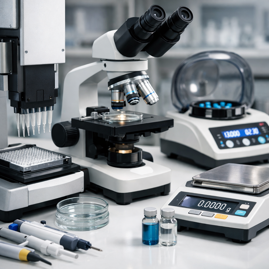 Microscope, pipettes, petri dishes, digital scale, and lab bottles on laboratory bench