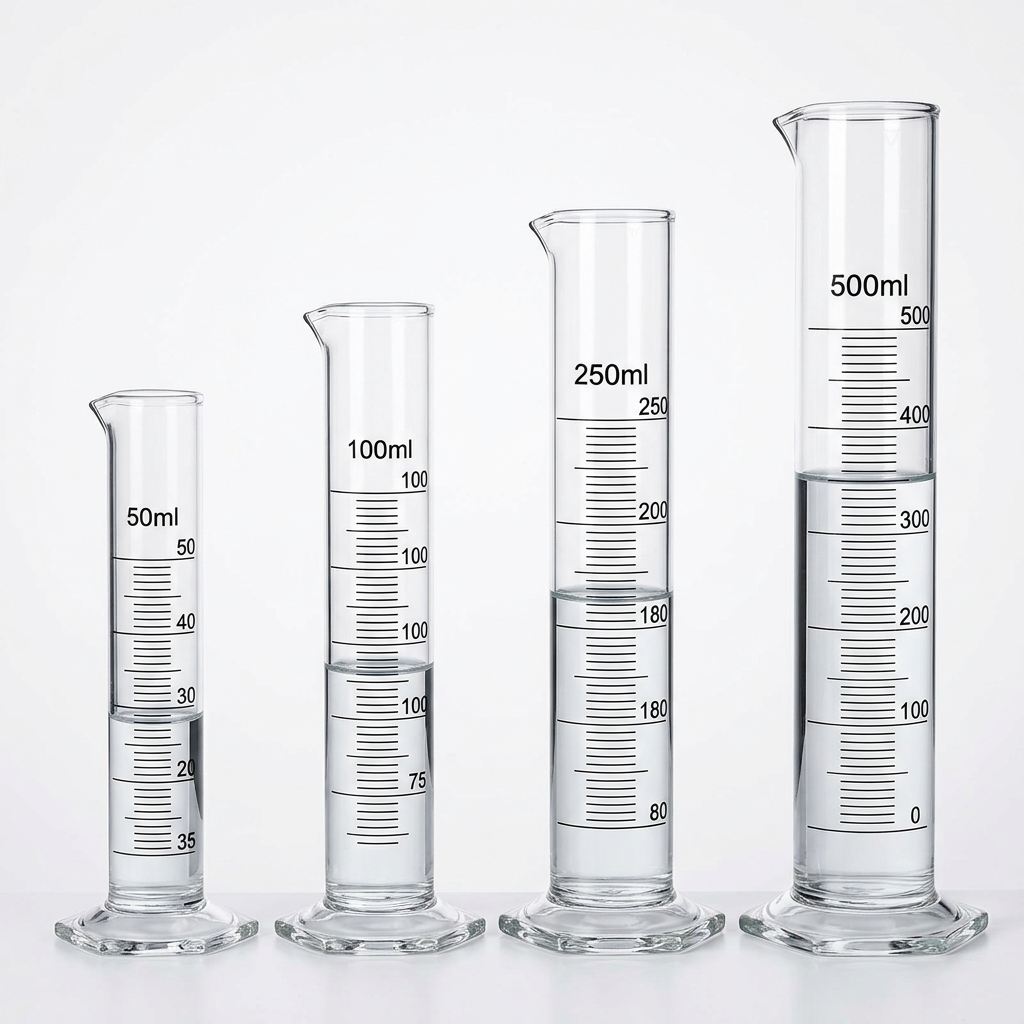 Four glass measuring cylinders with water at different levels labeled 50ml, 100ml, 250ml, and 500ml