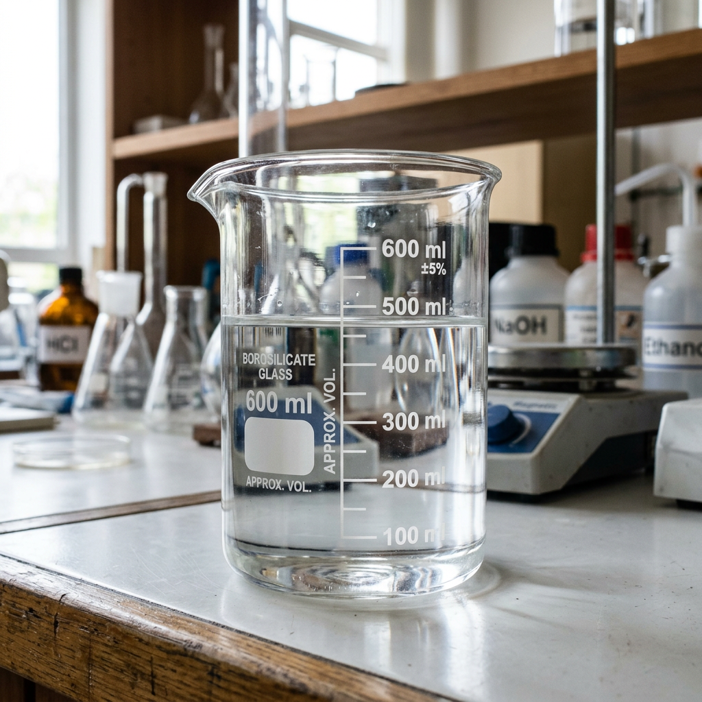 600 ml glass beaker filled with clear liquid on lab bench