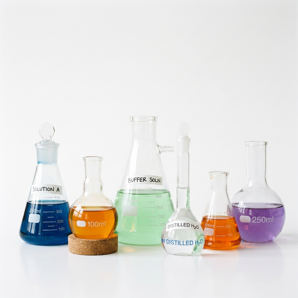 Six laboratory glass containers holding different colored chemical solutions labeled Solution A, Buffer Soln., Distilled H2O