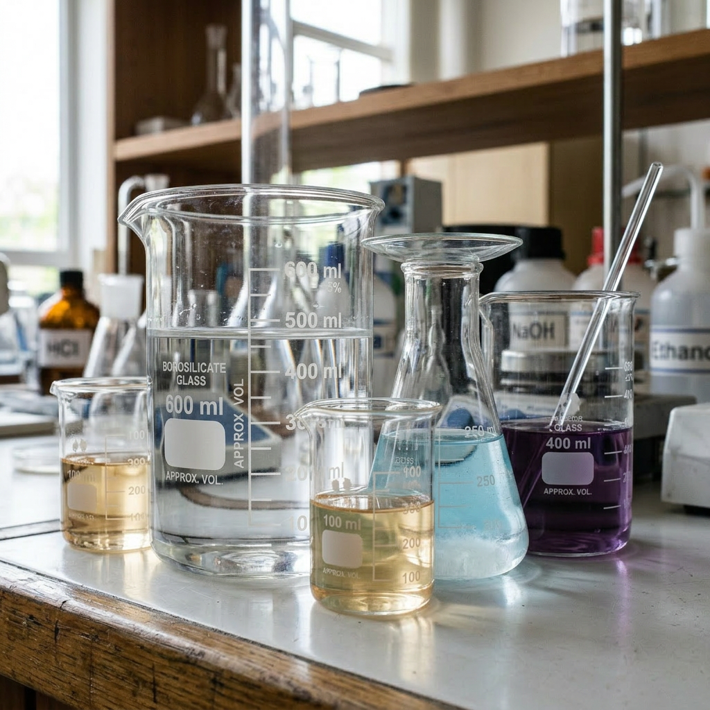 600 ml glass beaker filled with clear liquid on lab bench