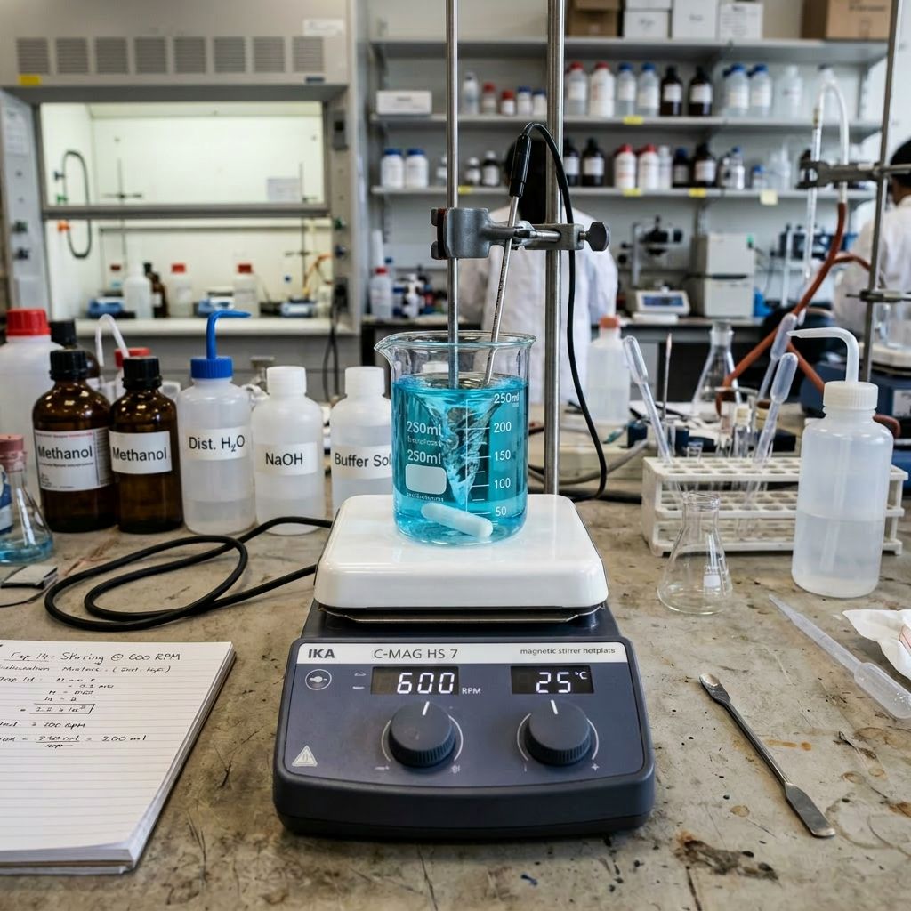 Beaker containing blue liquid stirred on magnetic hotplate with chemical bottles and lab equipment around