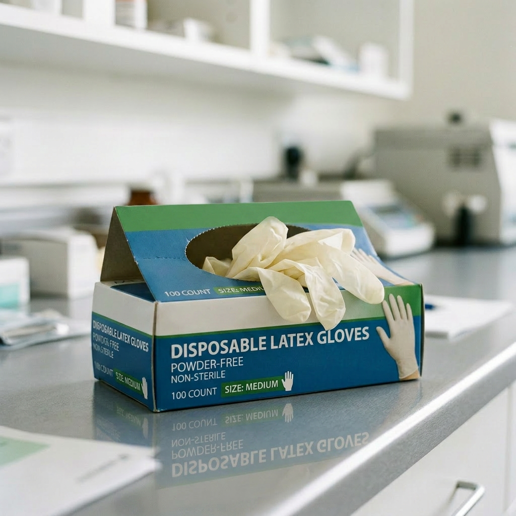 Box of Mediguard disposable latex gloves, powder-free, medium size