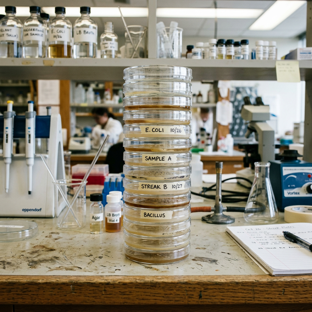 Stacked transparent petri dishes on lab table