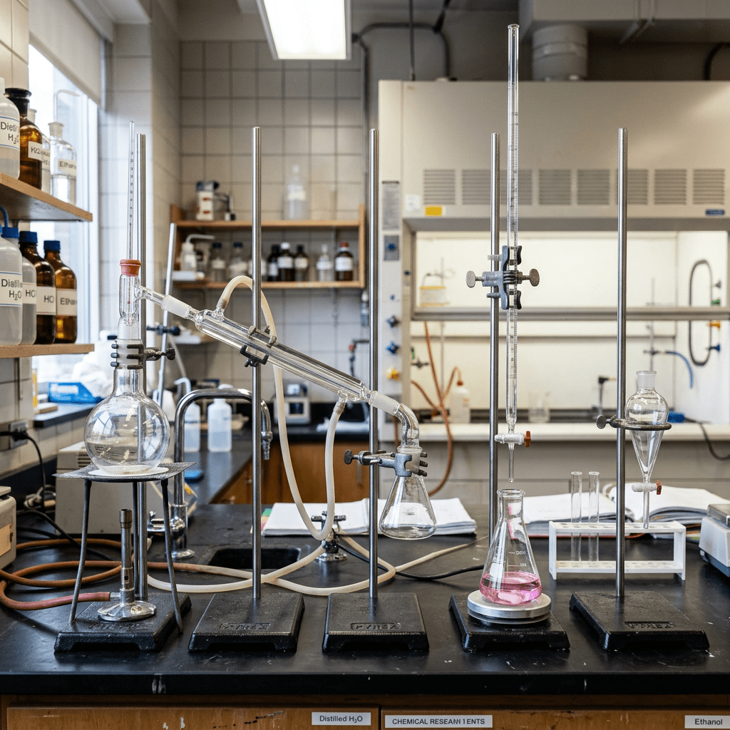 Laboratory distillation apparatus with glass flasks, condensers, and burettes on a black lab bench